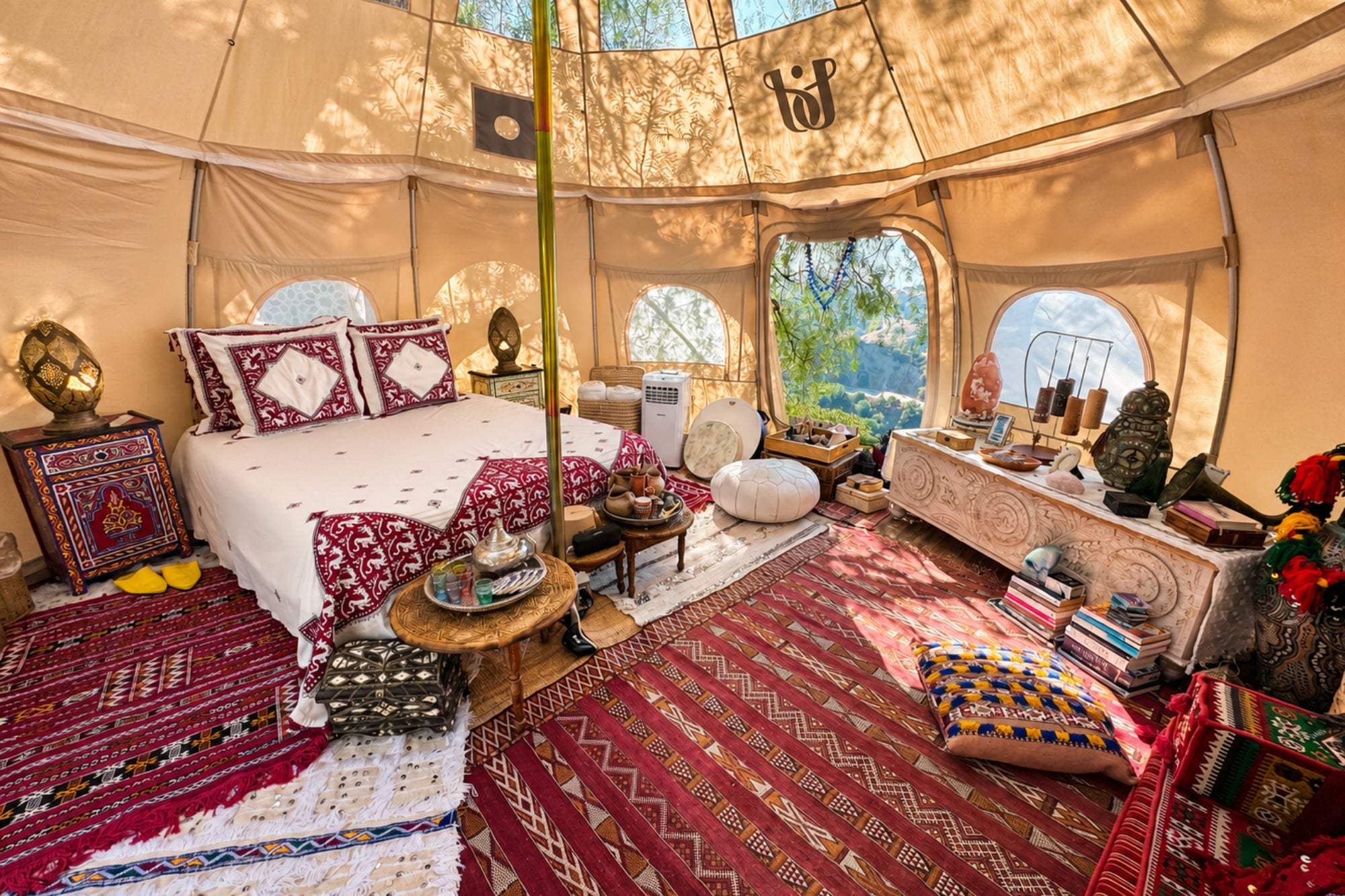 Luxury Better Bell yurt tent interior with stargazing roof