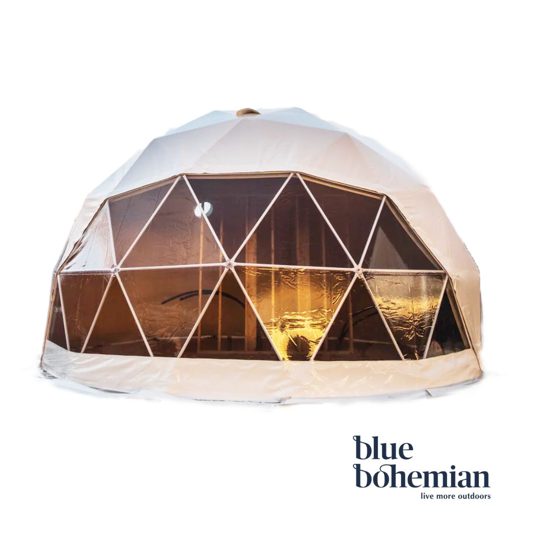 Geodesic dome tent with 'blue bohemian' branding on a white background